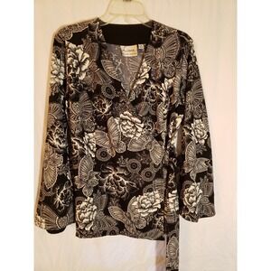Women's Linea Black Floral Wrap Blouse Size M